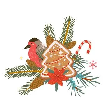 Vector gingerbread spruce cookie and winter plants, bird illustration isolate Illustrazione stock