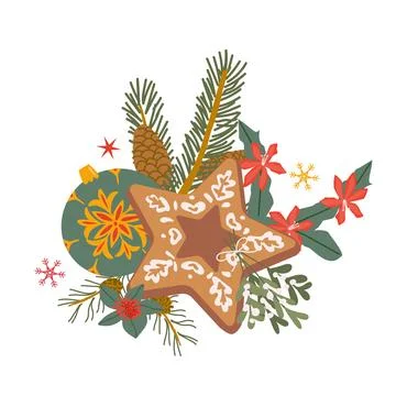 Vector gingerbread star shape cookie and christmas cactus, mistletoe, bauble Illustrazione stock