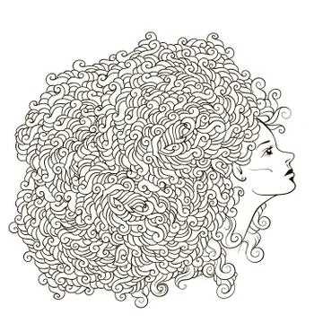 Vector girl with abstract flower garland on the head. Uncolored contour Stock Illustration