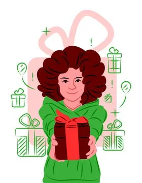 Vector girl with a gift in shadow of sharp lines style Stock Illustration