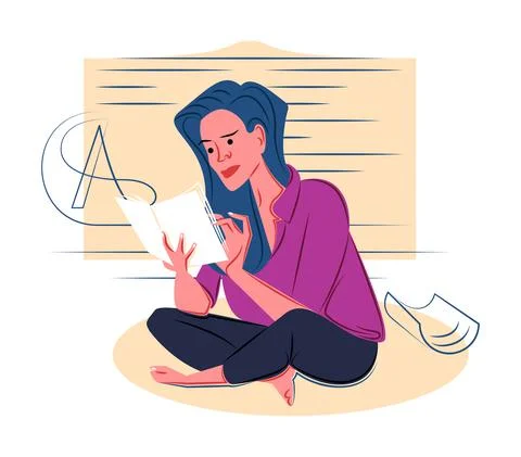 Vector girl reading a book in shadow of sharp lines style Stock Illustration