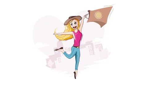 Vector girl with shopping bags. Happy customer. Stock Illustration