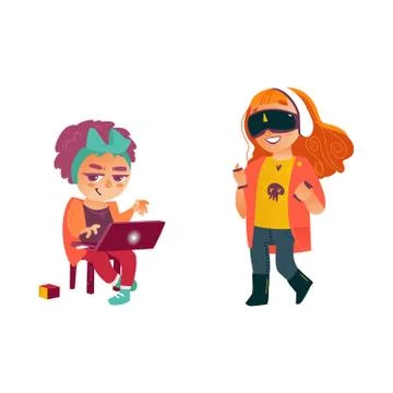 Vector girls using laptop virtual realisty glasses Stock Illustration
