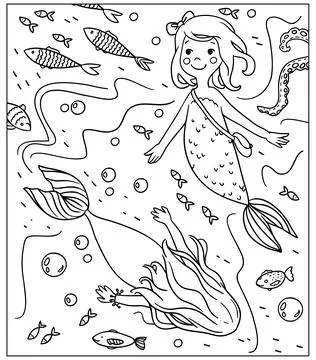 Vector girly cartoon outline image coloring book with cute mermaids fish and  Stock Illustration