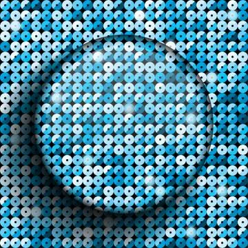 Vector glass circle button on shiny blue sequins. Stock Illustration
