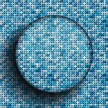 Vector glass circle button on shiny blue sequins. Stock Illustration