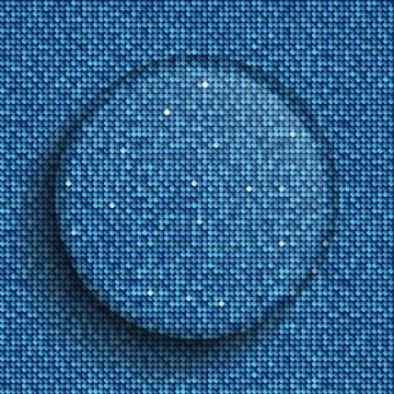Vector glass circle button on shiny blue sequins. Stock Illustration