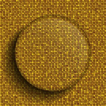 Vector glass circle button on shiny gold sequins. Stock Illustration