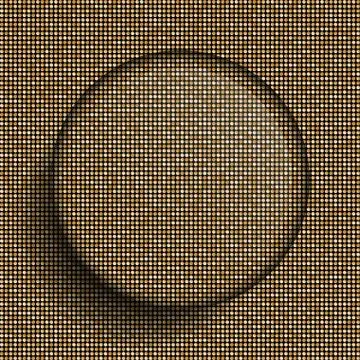 Vector glass circle button on shiny gold sequins. Stock Illustration