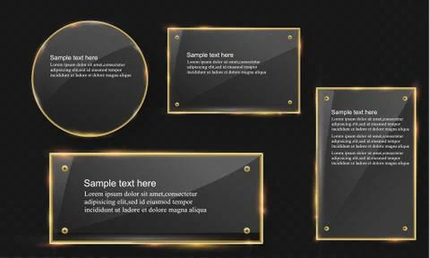 Vector glass modern banner set with shiny golden metallic frame on transparent Stock-Illustration