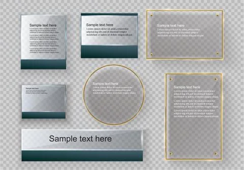Vector glass modern banner set with shiny golden metallic frame on transparent Stock Illustration