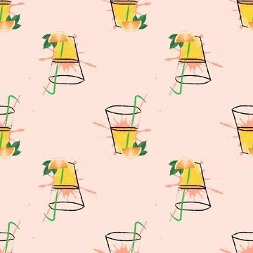 Vector glass of orange juice in hatching style seamless pattern Stock Illustration