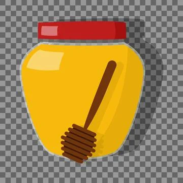 Vector. Glass pot full of honey and honey dipper. Cartoon Stock Illustration