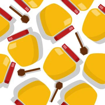 Vector. A glass pot full of honey and a honey dipper. seamless pattern Stock Illustration