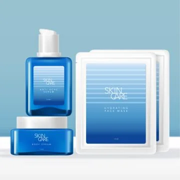 Vector Glass Serum Bottle, Face Cream Jar &amp; Sheet Mask Packet Packaging Stock Illustration