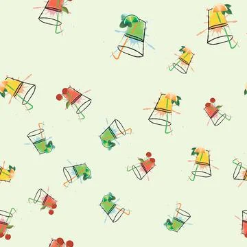 Vector glasses of orange, Cherry juice and mojito in hatching style seamless  Illustrazione stock