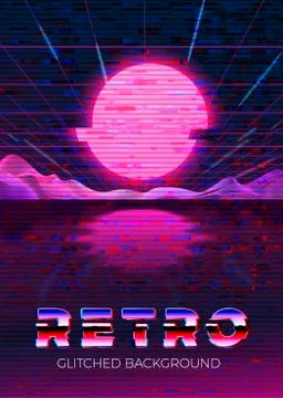 Vector glitched poster template in 80s retro futurism style, with digital sun Stock Illustration