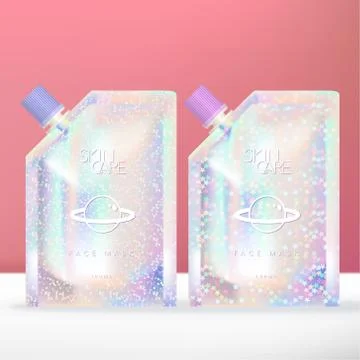 Vector Glitter Holographic  Pouch or Packet with Screw Cap Stock Illustration