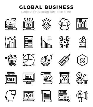 Vector Global Business types icon set in Lineal style. vector illustration. Stock Illustration