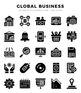 Vector Global Business types icon set in Glyph style. vector illustration. Stock Illustration