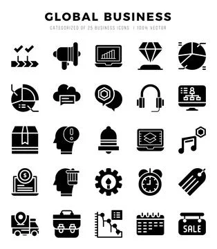 Vector Global Business types icon set in Glyph style. vector illustration. Stock Illustration
