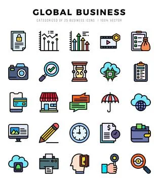 Vector Global Business types icon set in Lineal Color style. vector illustr.. Stock Illustration
