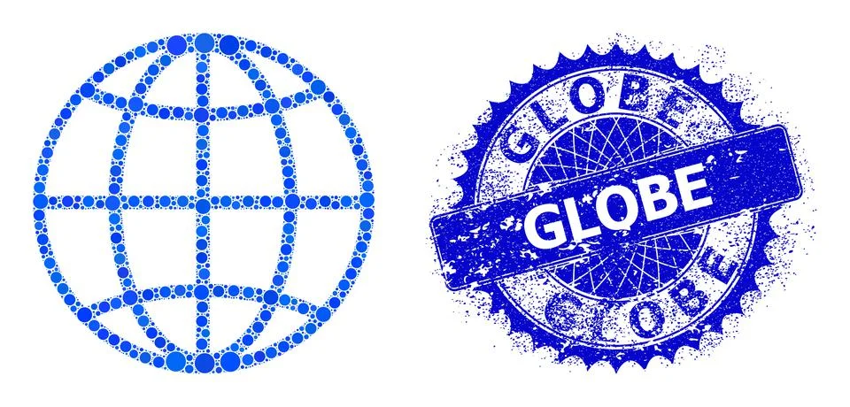 Vector Globe Collage of Small Circles and Distress Globe Stamp Seal Stock Illustration