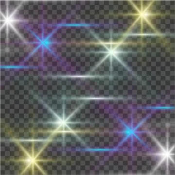 Vector glowing light bursts with sparkles on transparent background. Ilustración de archivo