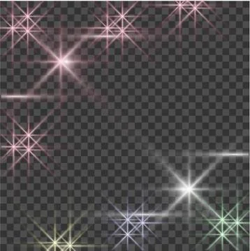 Vector glowing light bursts with sparkles on transparent background. Ilustración de archivo