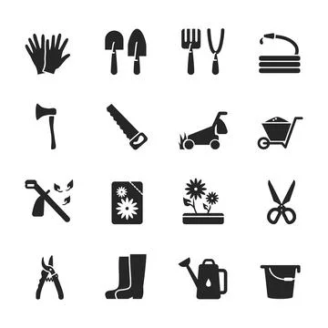 Vector glyph icon set of gardening tools isolated. Black symbols of equipment Illustrazione stock