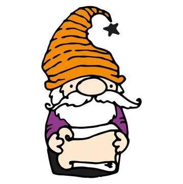 Vector gnome with a scroll in his hands in a flat style. Isolated dwarf drawn in Stock Illustration