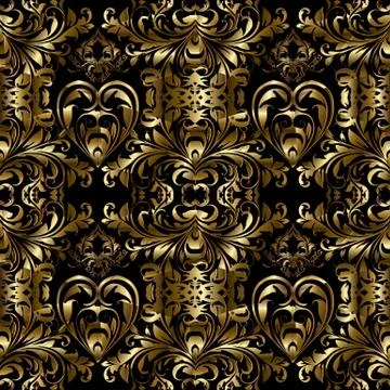 Vector gold baroque seamless pattern. Floral 3d damask background Stock Illustration