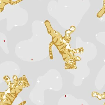 Vector Gold Colored Tigers with Abstract Shapes and sparkles on Grey seamless Stock Illustration