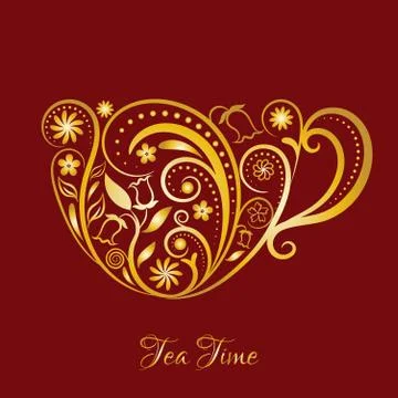 Vector Gold Cup of Tea With Floral Design Elements. Stock Illustration