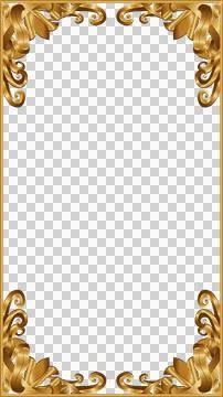 Vector gold frame is featuring corner scrolls and leaf motifs on transparent Stock Illustration