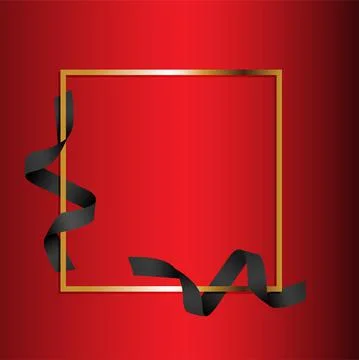 Vector. Gold frame line with black satin ribbon, square frame on red Stock Illustration