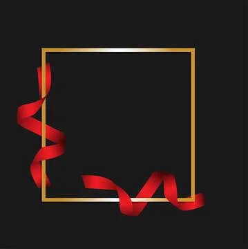 Vector. Gold frame line, red satin ribbon, square frame on black background. Stock Illustration