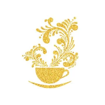 Vector Gold Glitter Cup of Coffee with Floral Aroma on White Background Stock Illustration