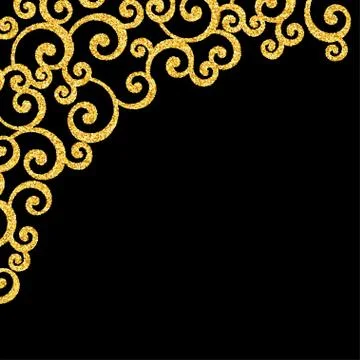 Vector Gold Glitter Curl Invitation Card with Swirl Damask Pattern on Black B Stock Illustration