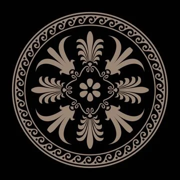Vector gold round classic frame plate with pattern in center. Greek meander.  Stock Illustration