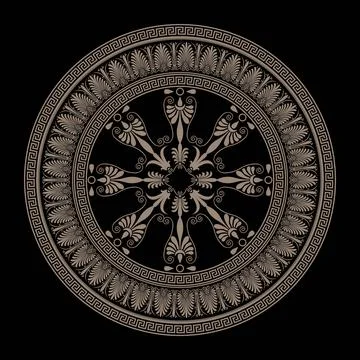 Vector gold Round pattern plate with Greek seamless meander of Ancient Greece Stock Illustration