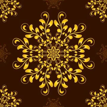 Vector Gold Seamless Mandala Pattern over dark brown Stock Illustration