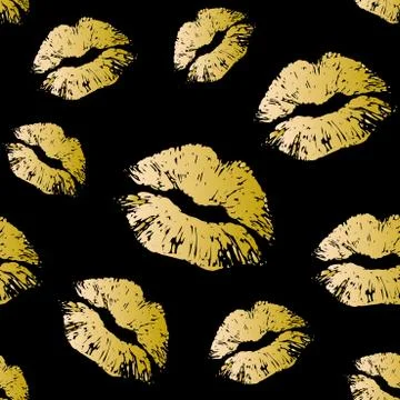 Vector gold seamless pattern on black background. Lips prints Stock Illustration