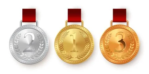 Vector gold, silver and bronze medals with red ribbons isolated on white Stock Illustration
