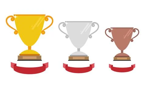 Vector gold, silver and bronze winners cup with ribbon. Vector illustration Illustrazione stock