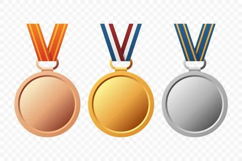 Vector Gold, Silver, and Bronze Award Medal Icon Set with Color Ribbons Close-up Stock Illustration