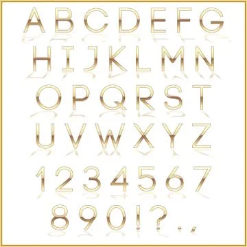 Vector golden alphabet letters with reflection on white background Stock Illustration