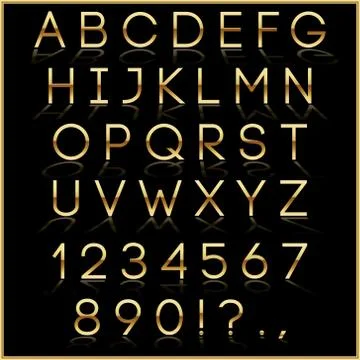 Vector golden alphabet letters with reflection on black background Stock Illustration