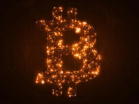 Vector golden Bitcoin symbol constructed with flowing binary numbers. Bitcoin Stockillustratie