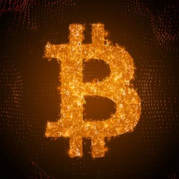 Vector golden Bitcoin symbol constructed with flowing binary numbers. Bitcoin イラスト素材